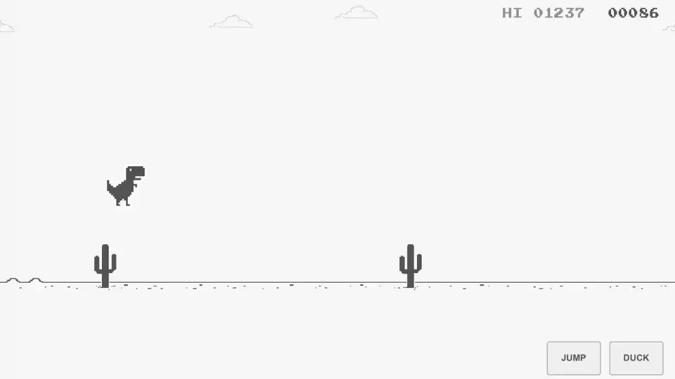 Chrome dino jumping over a cactus in the daytime desert