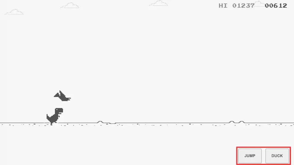 The dino runner on a phone with the on-screen Jump and Duck buttons