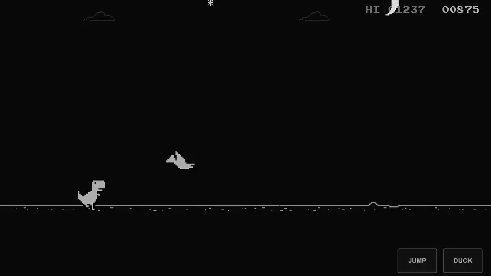 Night mode: the dino runner inverted to white on black with a pterodactyl ahead